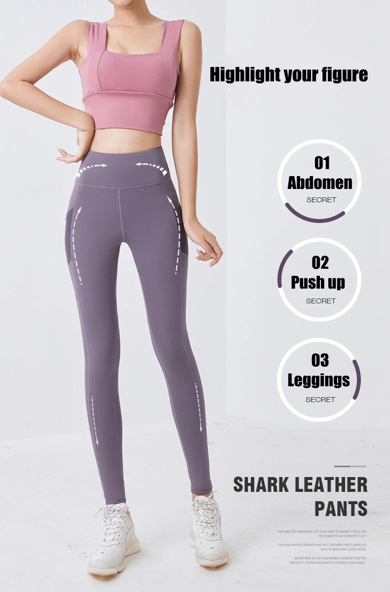 Pocket Girl Gym Leggings Women Tummy Control Jogging Tights