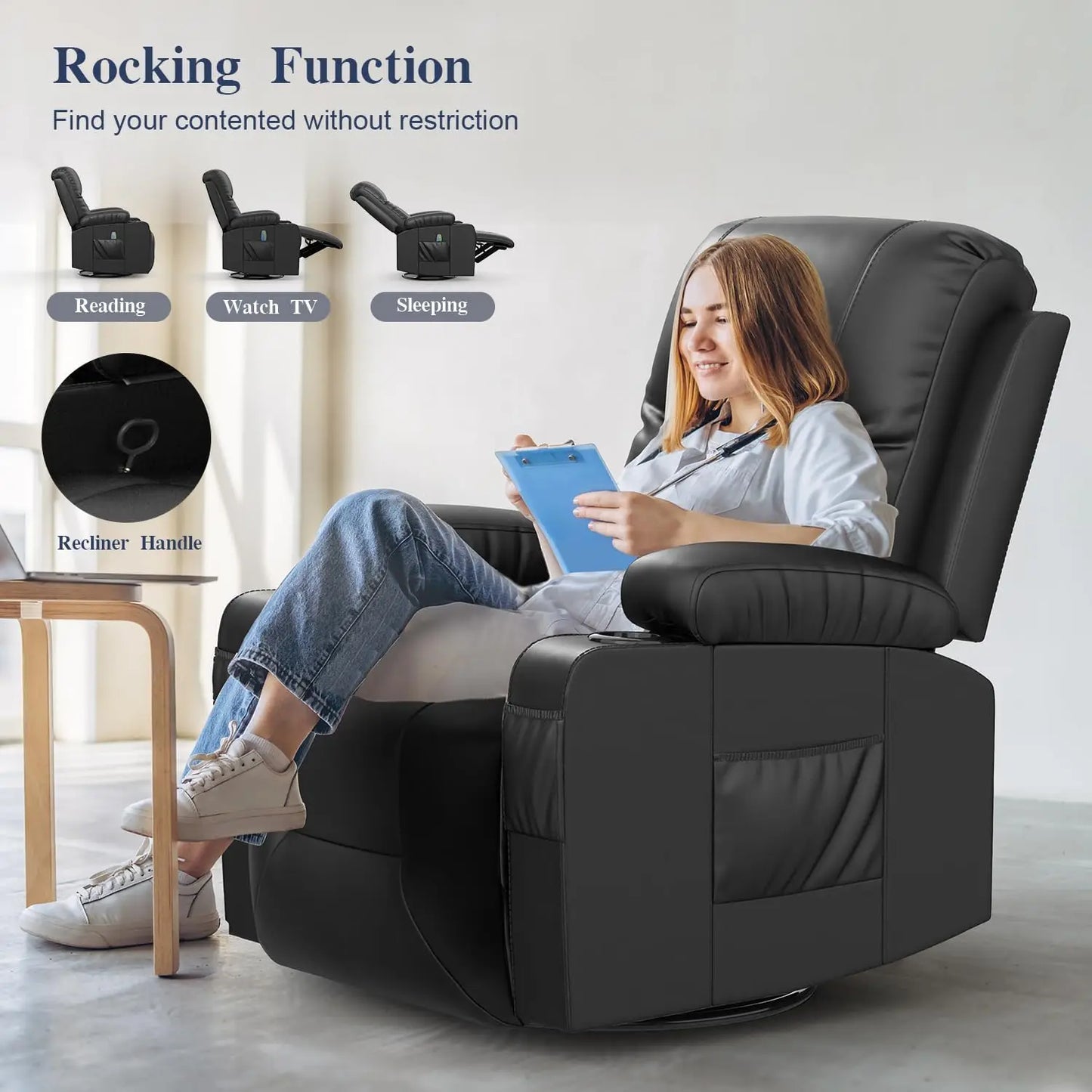 Recliner Chairs for Adults, Massage Rocker with Heated Modern Ergonomic Lounge 360 Degree Swivel Single Sofa Seat Livin