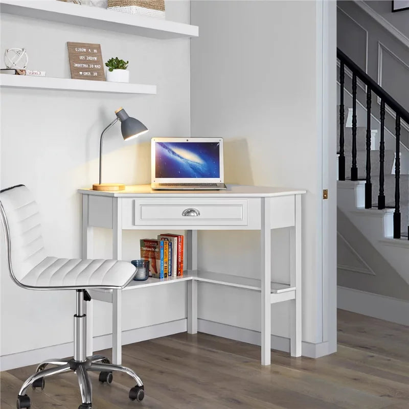 Corner Writing Desk with Storage Drawer, White Standing Desk