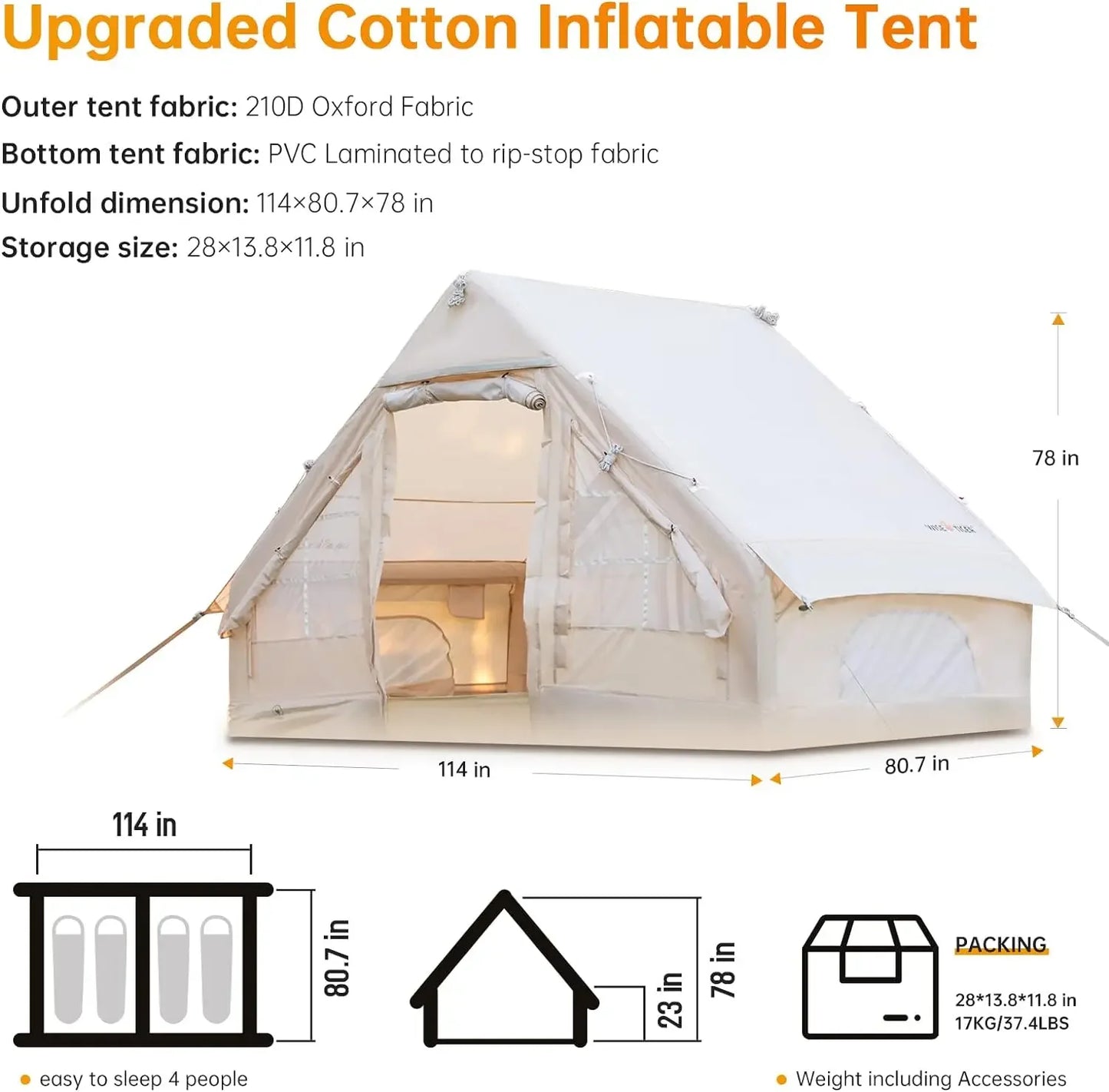 Inflatable Tent with Pump, Easy Setup Waterproof Windproof