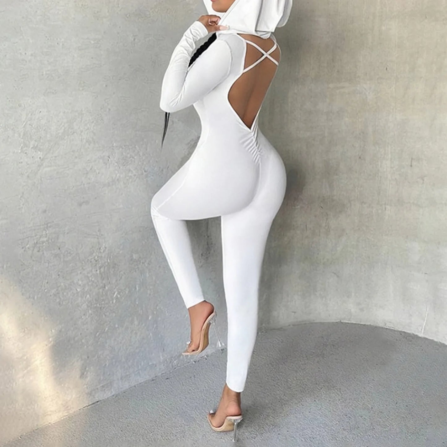 Women Lace Up Hooded Jumpsuit Slim Fit One Piece