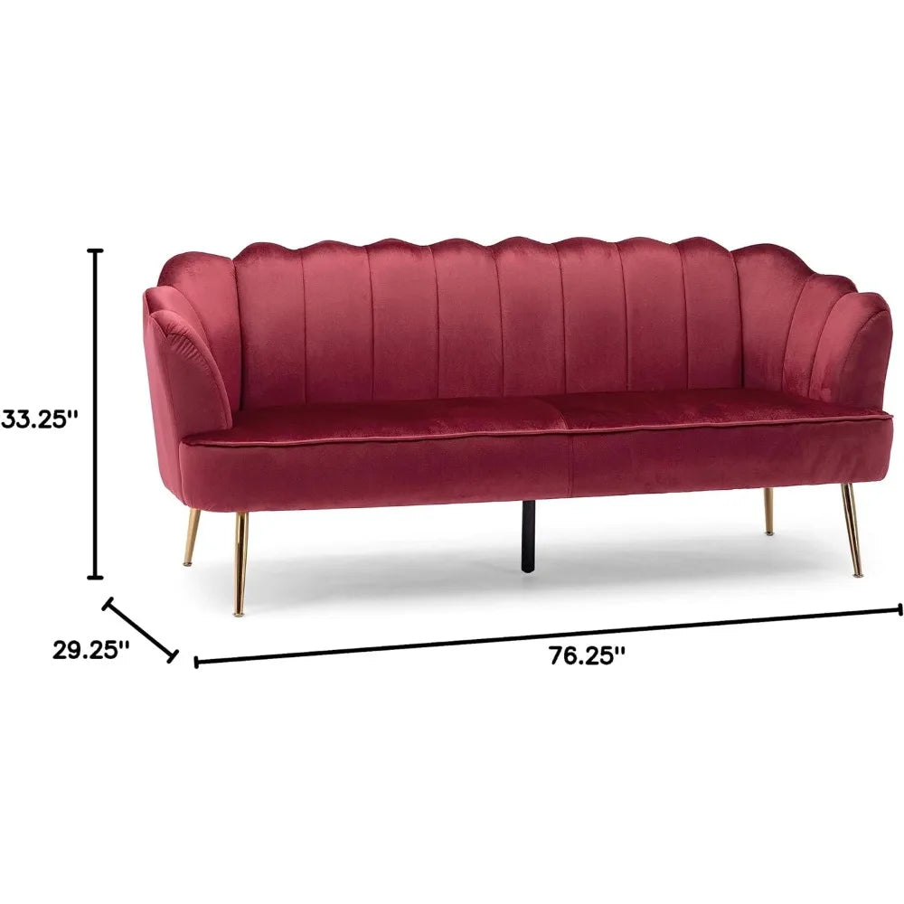 Christopher Knight Home Reitz Channel Stitch 3 Seater Shell Sofa - Velvet - Berry Red/Gold