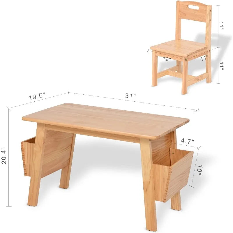 Kids Solid Wood Table and 2 Chair Set with Storage Desk