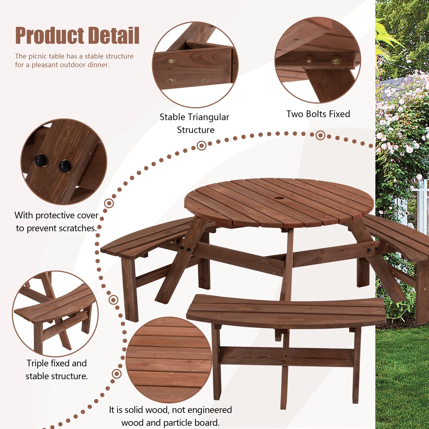 6-Person Outdoor Circular Wooden Picnic