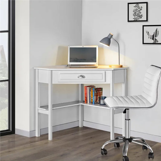 Corner Writing Desk with Storage Drawer, White Standing Desk