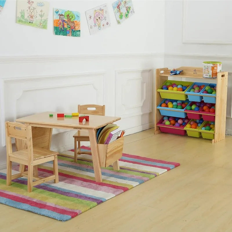 Kids Solid Wood Table and 2 Chair Set with Storage Desk