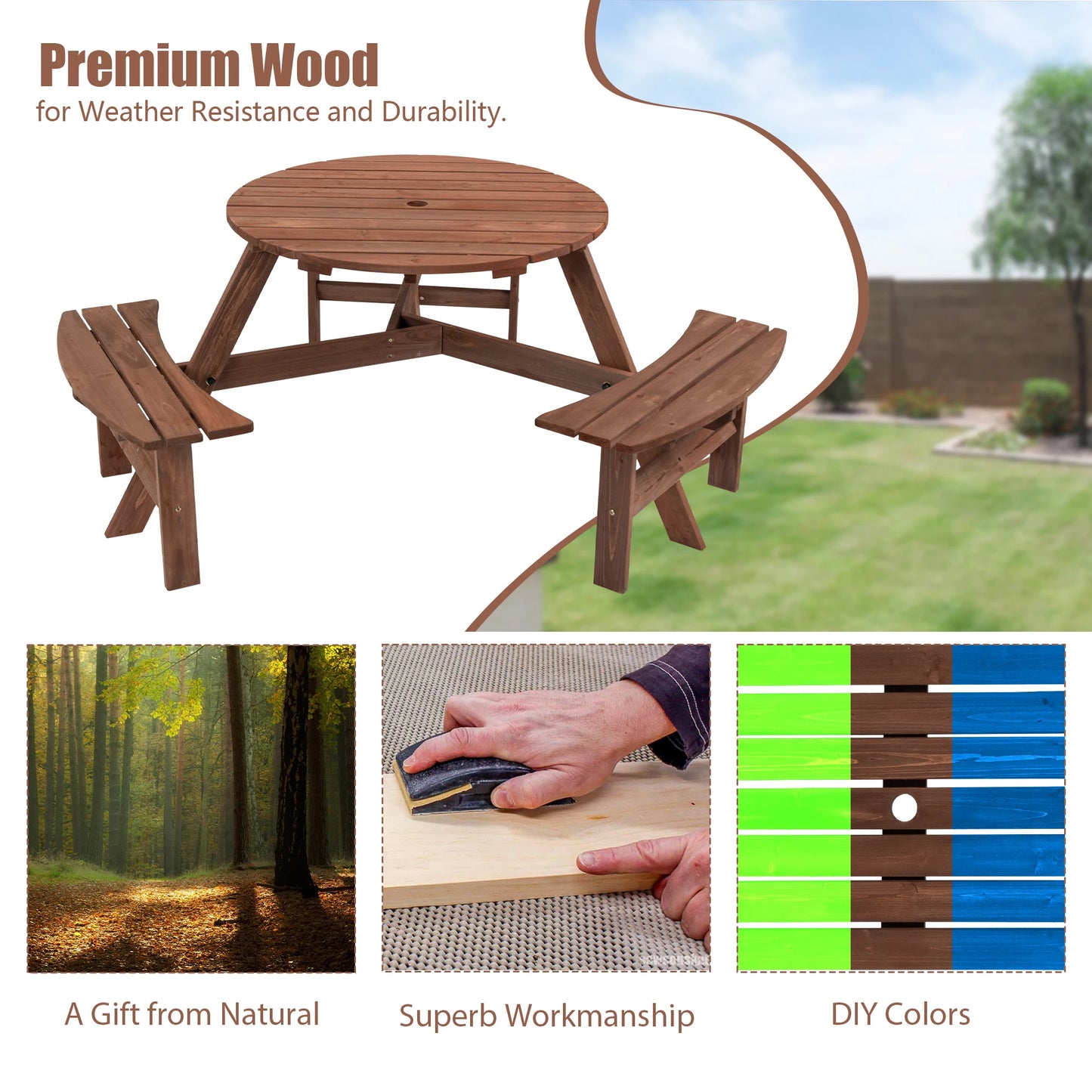 6-Person Outdoor Circular Wooden Picnic