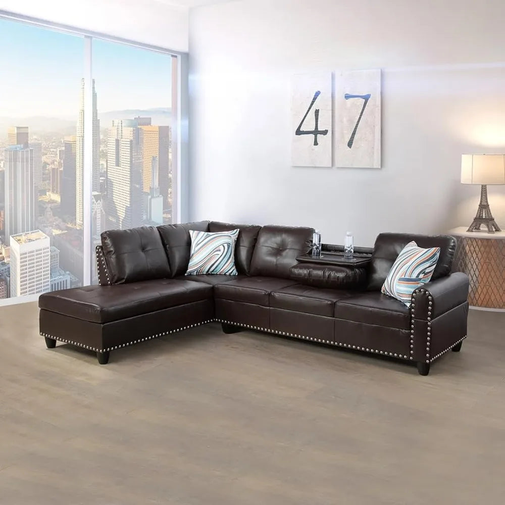 Sarita 2 Piece Faux Leather Left Facing Sectional Sofa, Brown