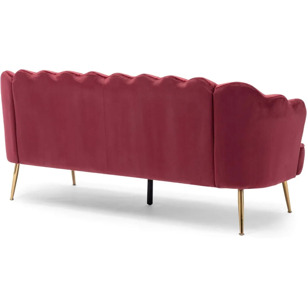 Christopher Knight Home Reitz Channel Stitch 3 Seater Shell Sofa - Velvet - Berry Red/Gold