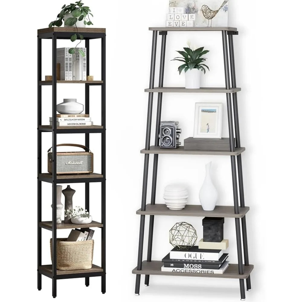 Gray Ladder Bookshelf With Metal Frame