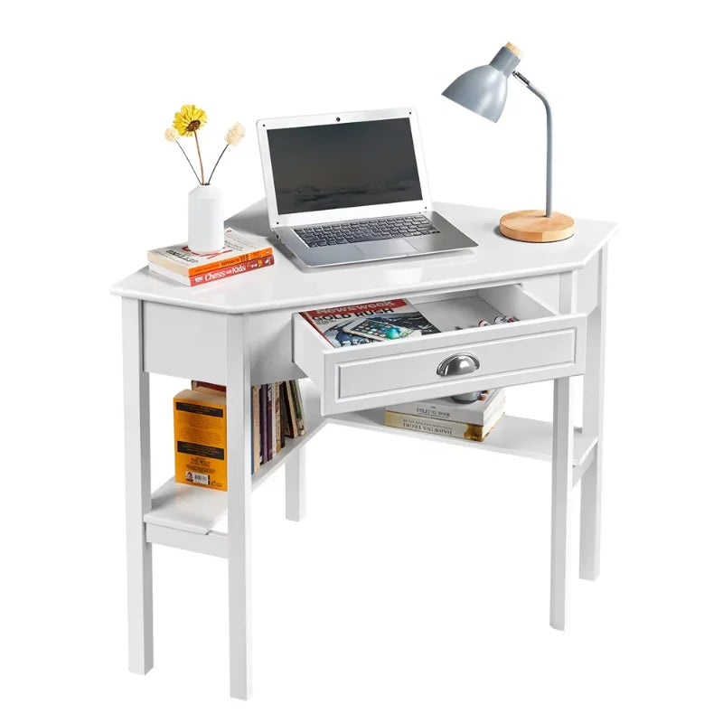 Corner Writing Desk with Storage Drawer, White Standing Desk